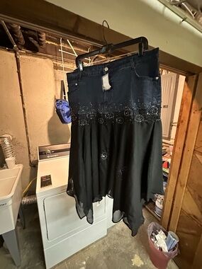 Ashley Stewart Black Denim-to-Chiffon Asymmetrical Embellished Skirt